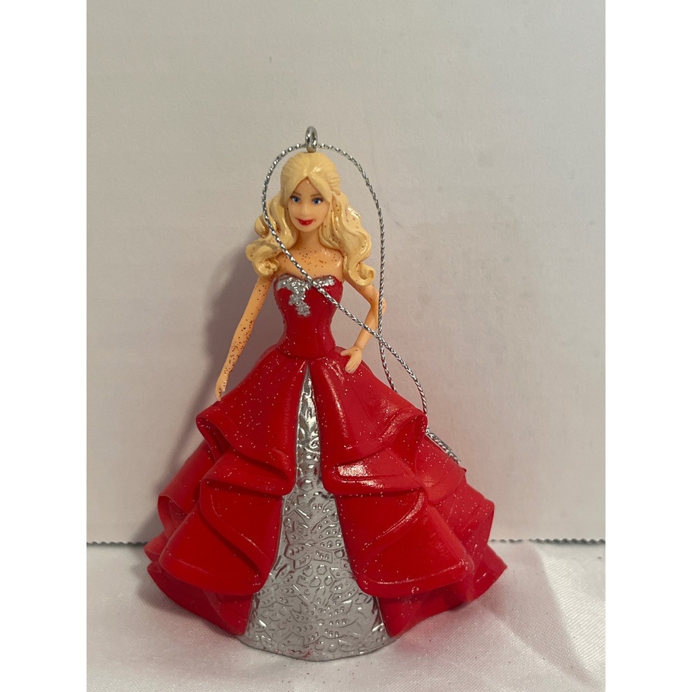 Mattel Barbie Holiday Christmas Ornament Red Silver Gown Blonde Glitter Figurine